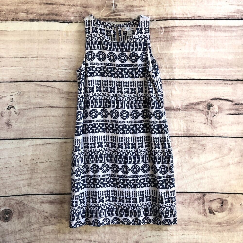 Tommy Bahama Linen Dress XS Blue White Geometric Striped Shift Lined Pockets